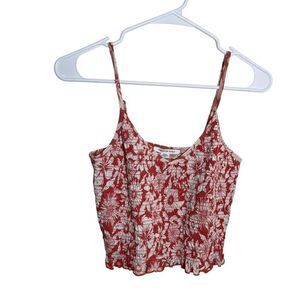 American Eagle Tank Top Women's Medium Red Floral Smocked Cropped Top